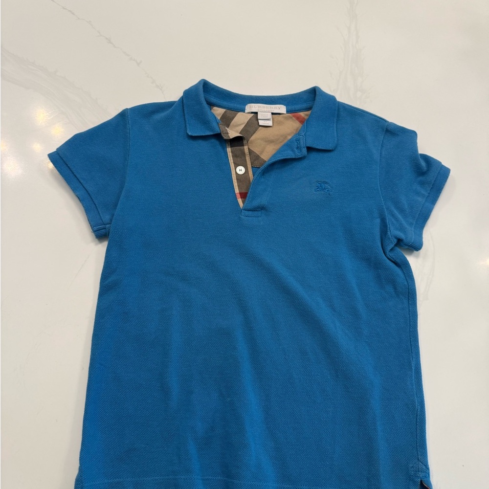 Burberry Kids Blue Polo Shirt with Check Collar 6Y